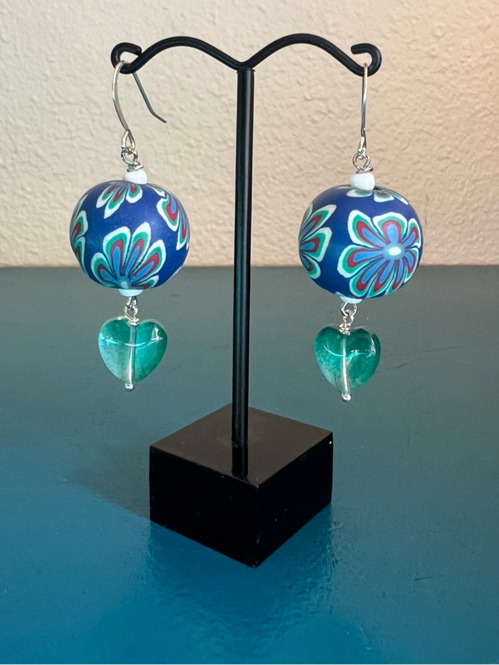 Handmade fimo earrings with glass heart